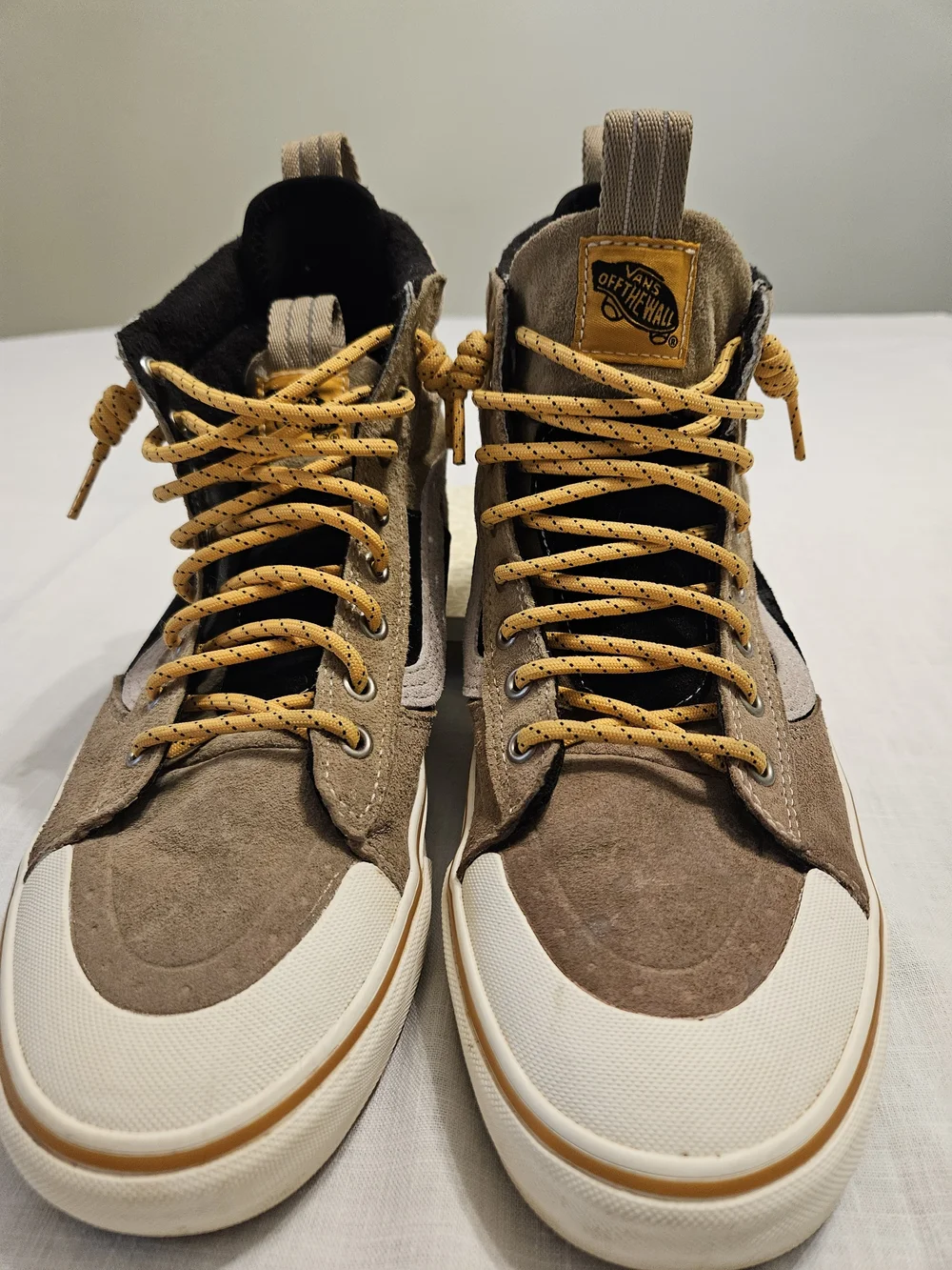 Vans Men’s Off The Wall Tan High-Top Sneakers with Yellow Laces